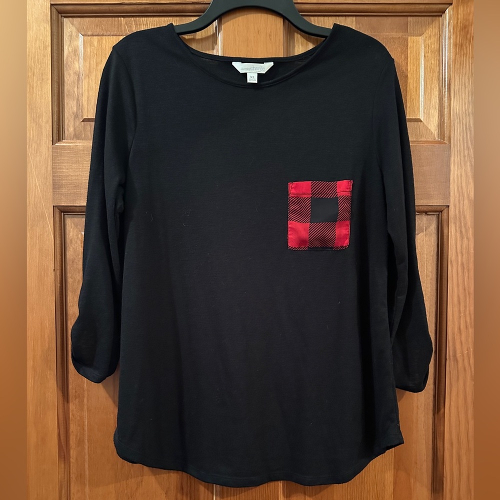 Charming Charlie Black Top with Plaid Pocket